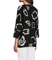 Ali Miles Abstract Print Y-Collar 3/4 Sleeve Button Front Tunic