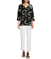 Ali Miles Abstract Print Y-Collar 3/4 Sleeve Button Front Tunic
