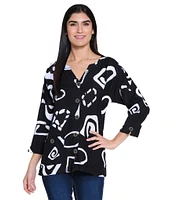 Ali Miles Abstract Print Y-Collar 3/4 Sleeve Button Front Tunic