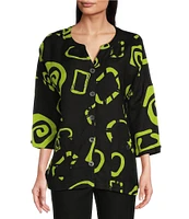 Ali Miles Abstract Print Y-Collar 3/4 Sleeve Button Front Tunic