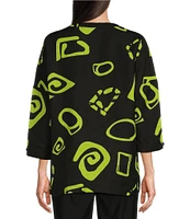 Ali Miles Abstract Print Y-Collar 3/4 Sleeve Button Front Tunic