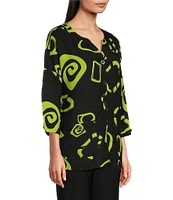 Ali Miles Abstract Print Y-Collar 3/4 Sleeve Button Front Tunic