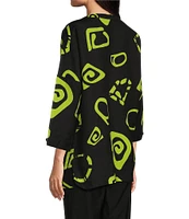 Ali Miles Abstract Print Y-Collar 3/4 Sleeve Button Front Tunic