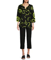 Ali Miles Abstract Print Y-Collar 3/4 Sleeve Button Front Tunic