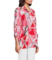 Ali Miles Abstract Print Wire Collar 3/4 Cinch Tie Sleeve Tunic