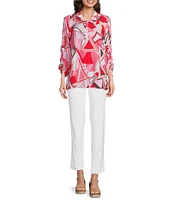 Ali Miles Abstract Print Wire Collar 3/4 Cinch Tie Sleeve Tunic