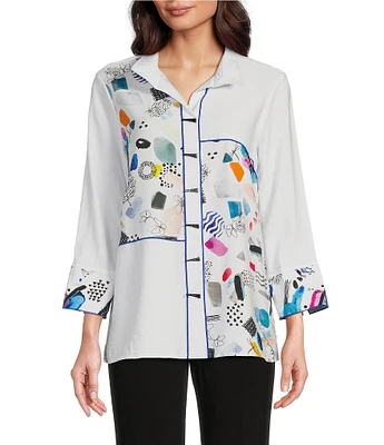 Ali Miles Abstract Print Seam Detail Wire Collar 3/4 Sleeve Button Front Tunic