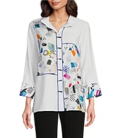 Ali Miles Abstract Print Seam Detail Wire Collar 3/4 Sleeve Button Front Tunic