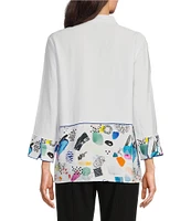 Ali Miles Abstract Print Seam Detail Wire Collar 3/4 Sleeve Button Front Tunic