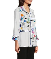 Ali Miles Abstract Print Seam Detail Wire Collar 3/4 Sleeve Button Front Tunic