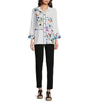 Ali Miles Abstract Print Seam Detail Wire Collar 3/4 Sleeve Button Front Tunic