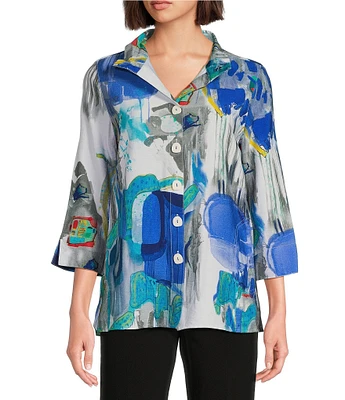 Ali Miles Abstract Print Wire Collar 3/4 Sleeve Button Front Tunic