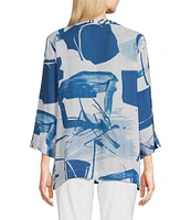 Ali Miles Abstract Print Woven Y-Neck 3/4 Button Cuff Sleeve Button Front Tunic