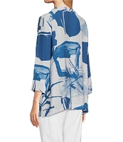 Ali Miles Abstract Print Woven Y-Neck 3/4 Button Cuff Sleeve Button Front Tunic