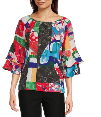 Ali Miles Abstract Round Neck Double Ruffle 3/4 Sleeve Tunic