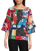 Ali Miles Abstract Round Neck Double Ruffle 3/4 Sleeve Tunic