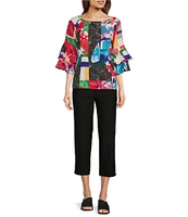 Ali Miles Abstract Round Neck Double Ruffle 3/4 Sleeve Tunic