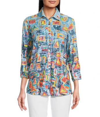 Ali Miles Abstract Shapes Print Point Collar 3/4 Roll-Tab Sleeve Button-Front Tunic