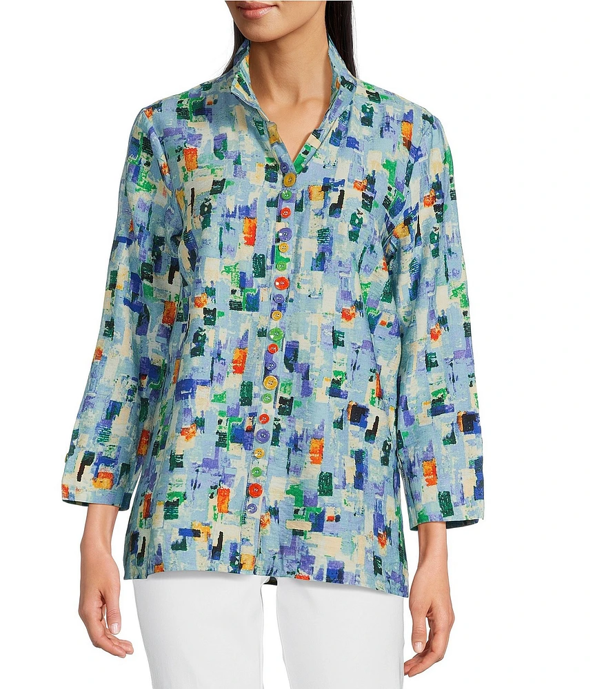 Ali Miles Abstract Tile Print Wire Collar 3/4 Sleeve Button-Front Tunic
