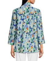 Ali Miles Abstract Tile Print Wire Collar 3/4 Sleeve Button-Front Tunic