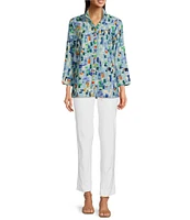 Ali Miles Abstract Tile Print Wire Collar 3/4 Sleeve Button-Front Tunic