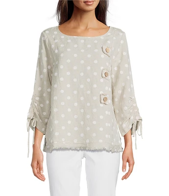 Ali Miles Allover Pigment Dotted Round Neck 3/4 Cinched Tie Sleeve Tunic