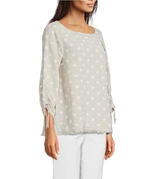 Ali Miles Allover Pigment Dotted Round Neck 3/4 Cinched Tie Sleeve Tunic
