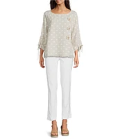 Ali Miles Allover Pigment Dotted Round Neck 3/4 Cinched Tie Sleeve Tunic