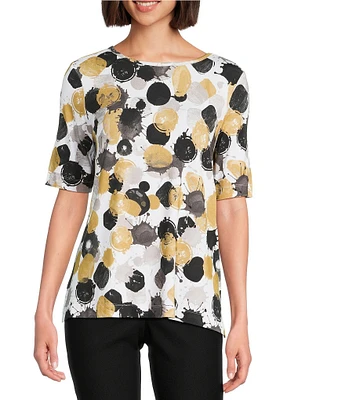 Ali Miles Allover Spot Print Round Neck Elbow Sleeve Tunic
