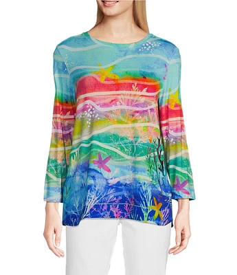 Ali Miles Aquatic Style Print Round Neck 3/4 Sleeve Tunic