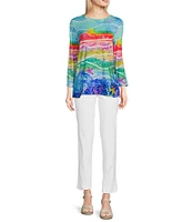 Ali Miles Aquatic Style Print Round Neck 3/4 Sleeve Tunic