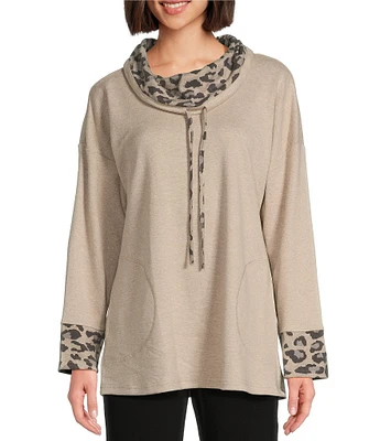 Ali Miles Brushed Knit Cheetah Print Trim Long Sleeves Pullover