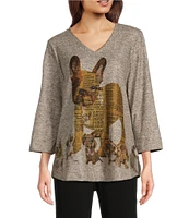 Ali Miles Brushed Knit Puppy Print V Neckline 3/4 Sleeve Top