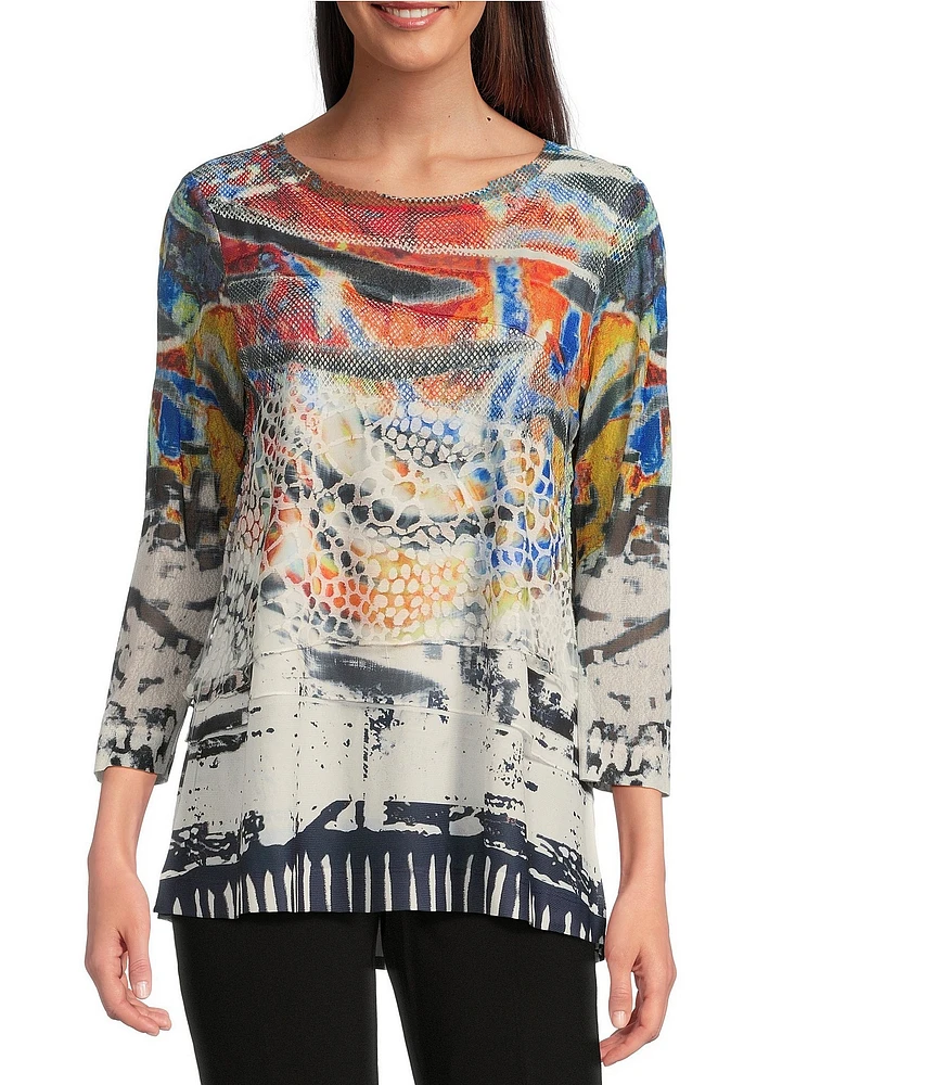 Ali Miles Burnout Knit Abstract Print Round Neck 3/4 Sleeve Tunic