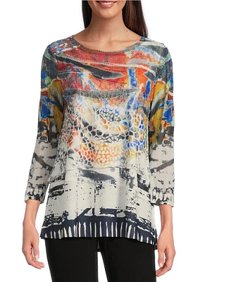 Ali Miles Burnout Knit Abstract Print Round Neck 3/4 Sleeve Tunic