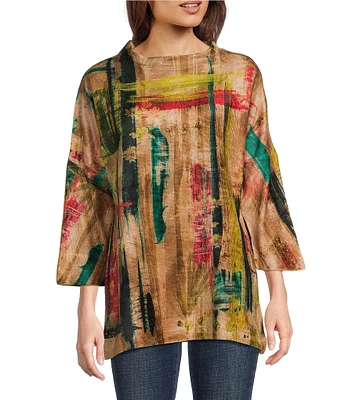 Ali Miles Chenille Knit Printed Crew Neck 3/4 Dolman Sleeve Tunic