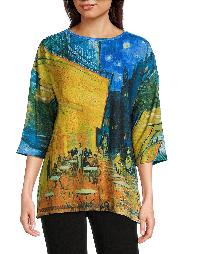 Ali Miles City Print Brushed Knit Scoop Neckline 3/4 Sleeve Top