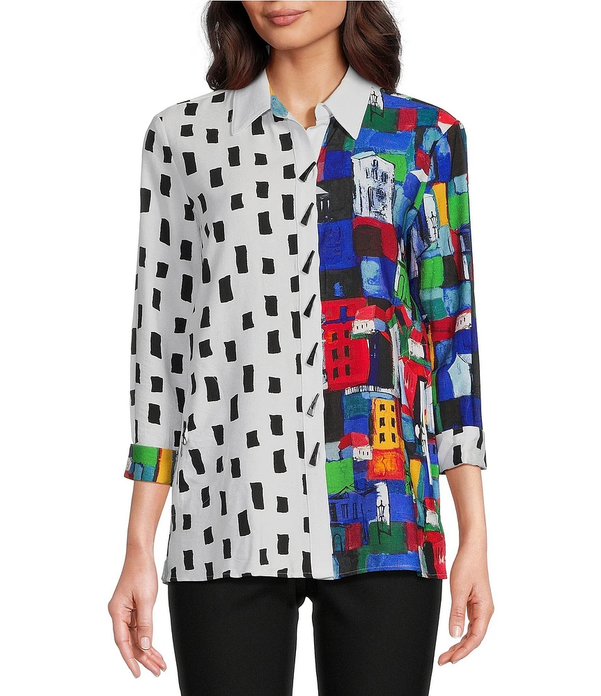 Ali Miles City Print Point Collar 3/4 Sleeve Button-Front Tunic