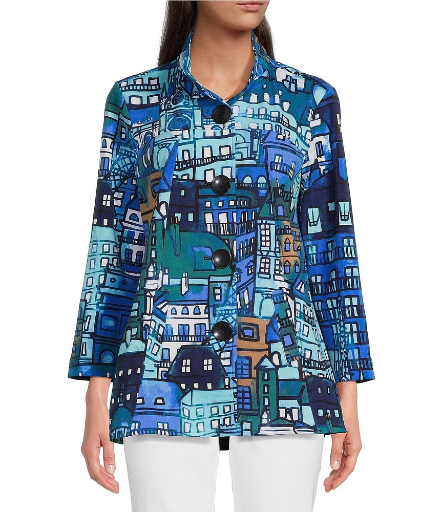 Ali Miles City Print Stand Collar 3/4 Sleeve Button-Front Tunic