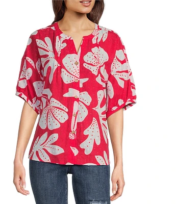 Ali Miles Clip Dot Leaf Print Y-Neck 3/4 Cuff Sleeve Tunic