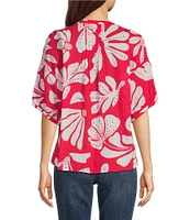 Ali Miles Clip Dot Leaf Print Y-Neck 3/4 Cuff Sleeve Tunic
