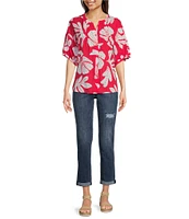 Ali Miles Clip Dot Leaf Print Y-Neck 3/4 Cuff Sleeve Tunic