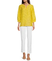 Ali Miles Clipped Jacquard Split V-Neck 3/4 Sleeve Tunic