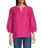 Ali Miles Clipped Jacquard Split V-Neck 3/4 Sleeve Tunic