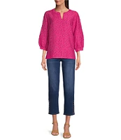 Ali Miles Clipped Jacquard Split V-Neck 3/4 Sleeve Tunic