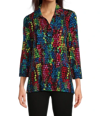 Ali Miles Knit Abstract Tile Print Point Collar 3/4 Sleeve Hi-Low Hem Button-Front Tunic