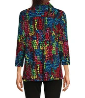 Ali Miles Knit Abstract Tile Print Point Collar 3/4 Sleeve Hi-Low Hem Button-Front Tunic