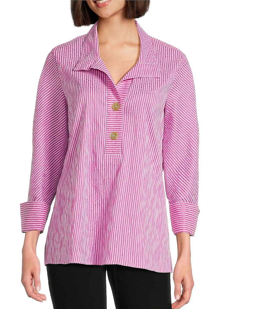 Ali Miles Crinkle Stripe Y Neckline Cuffed 3/4 Sleeve Top