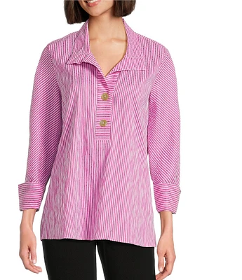 Ali Miles Crinkle Stripe Y Neckline Cuffed 3/4 Sleeve Top