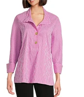 Ali Miles Crinkle Stripe Y Neckline Cuffed 3/4 Sleeve Top